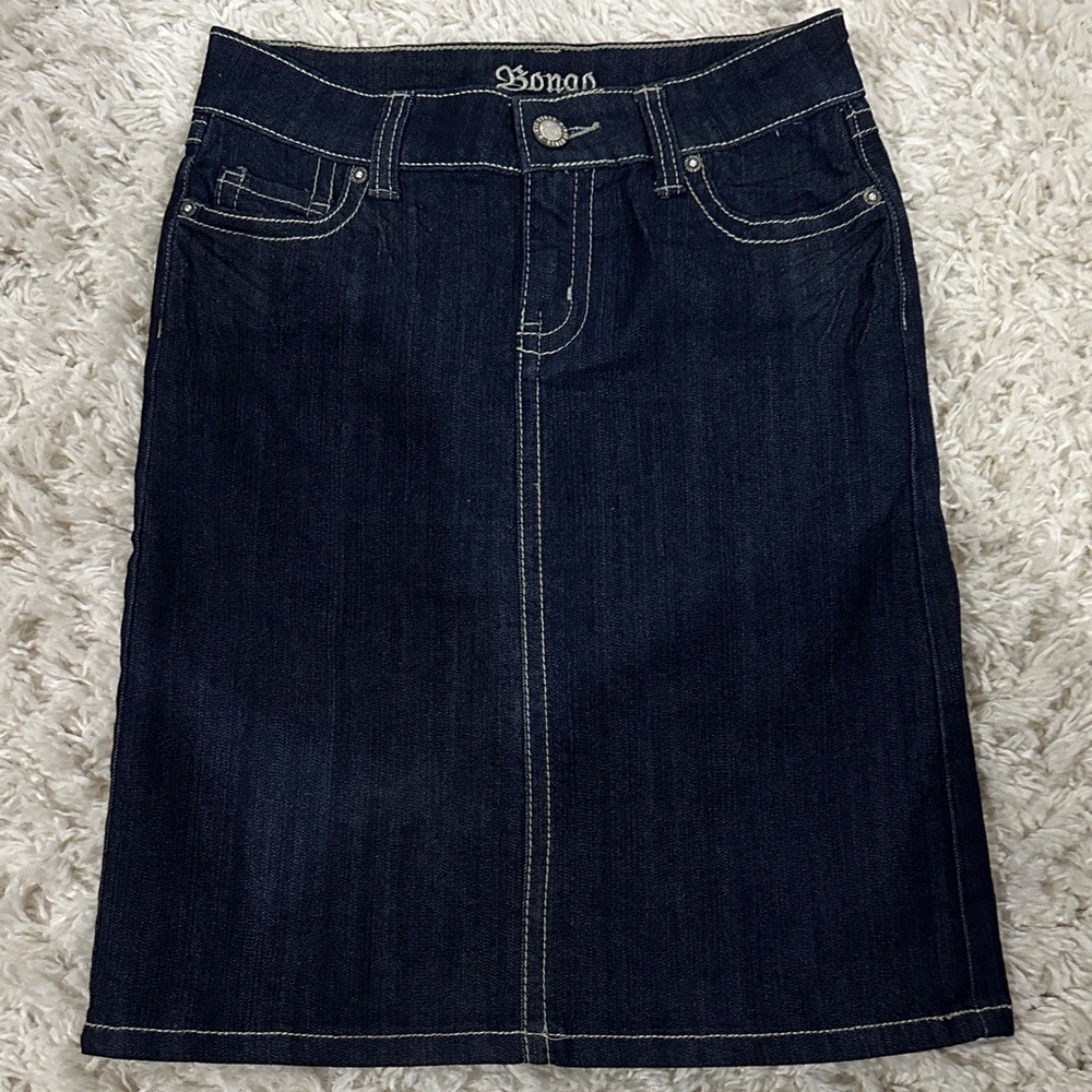 BONGO Ladies Y2K Dark Denim Midi- Skirt Feminine Flattering Sz 1 NWOT